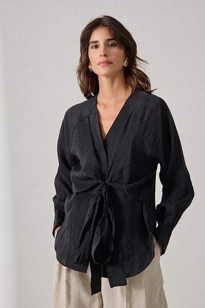 Setre Black Double Breasted Collar Lacing Detailed Long Sleeve Comfortable Fit Blouse