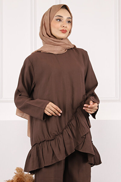 İmajButik Brown Ruffle Detailed Tunic Trousers Suit