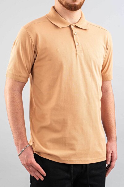 bombe Men's Slim Fit 100% Cotton Soft Textured Polo Neck T-Shirt Basic Tan T-Shirt