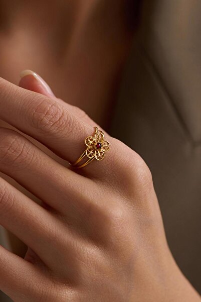 Bayar Gold 14 Ayar Altın Kırmızı Taşlı Papatya Yüzük