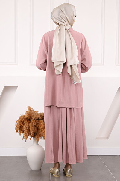 İmajButik Dusty Rose Front Short Back Long Shirt Skirt Wrap Suit