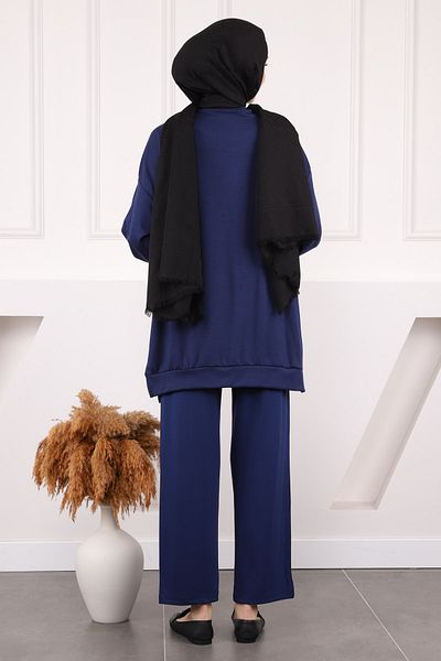 İmajButik Σετ παντελόνι με λεπτομέρεια Modal Tunic Navy Blue Floral