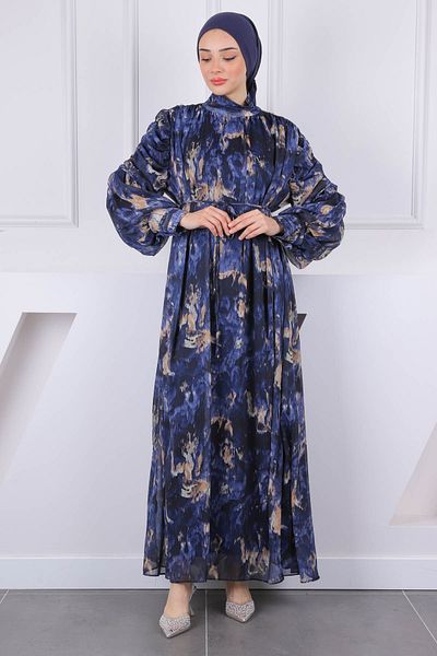 İmajButik Φόρεμα σιφόν με μανίκια με μπλε ναυτικό σχέδιο