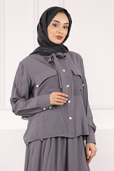 İmajButik Smoked Collar Tie-Up Shirt Skirt Suit