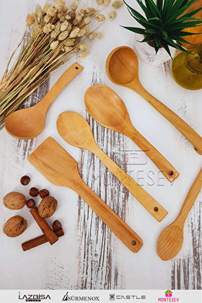 MONTESEV Ahşap Tahta Mutfak Kaşık Seti 6 Parça Kayın , Şimşir Ve Bambu Ağacı Ağaç Kaşık