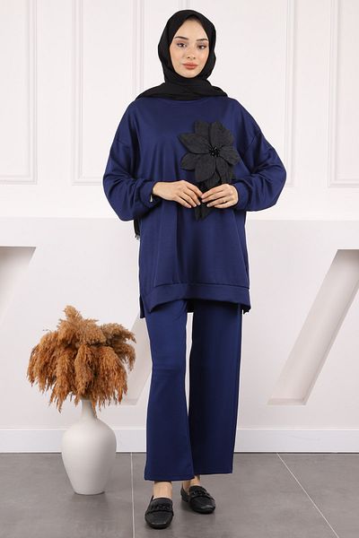İmajButik Σετ παντελόνι με λεπτομέρεια Modal Tunic Navy Blue Floral