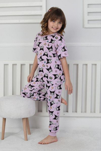 ZUZUNGA Short Sleeve Kuromi Patterned Girls' Pajama Set Lilac 4-13 Years