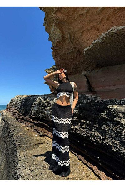 Cistern İstanbul Women's Black Asymmetrical Cut Skirt Lined Summer Knitwear Suit