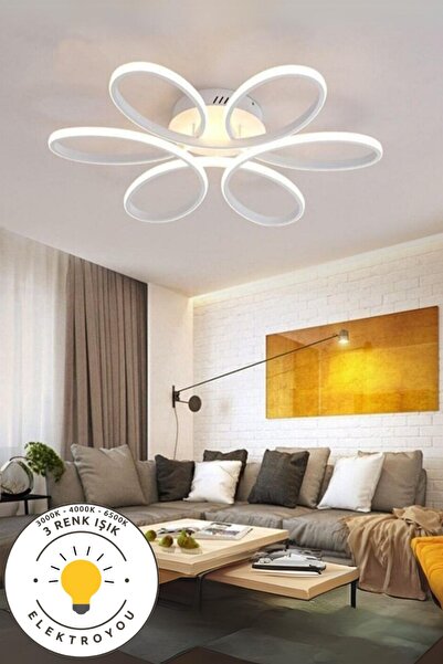 DEFNE AVİZE LEVENT Beyaz 60 cm Plafonyer Ultra Süper 3 Renk Işık Ledli Salon ...