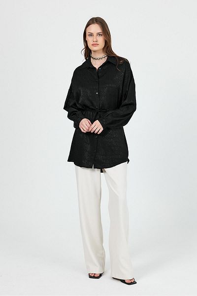 Rays Black Patterned Satin Look Rope Lacing Detailed Shirt 4293A