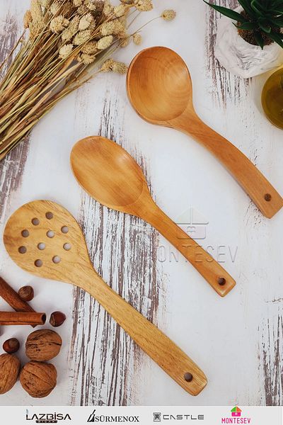 MONTESEV Wooden Wooden Kitchen Spoon Set 3 Pieces Beech, Boxwood and Bamboo Wood Spoons