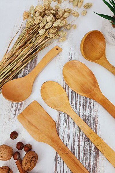 MONTESEV Ahşap Tahta Mutfak Kaşık Seti 6 Parça Kayın , Şimşir Ve Bambu Ağacı Ağaç Kaşık