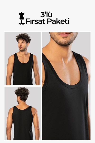 ERDEM İÇ GİYİM Erdem 3-Piece Black Men's Combed Cotton Undershirt 1100