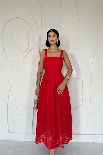 Femella Women Fashion Red Strap Embroidery Dress