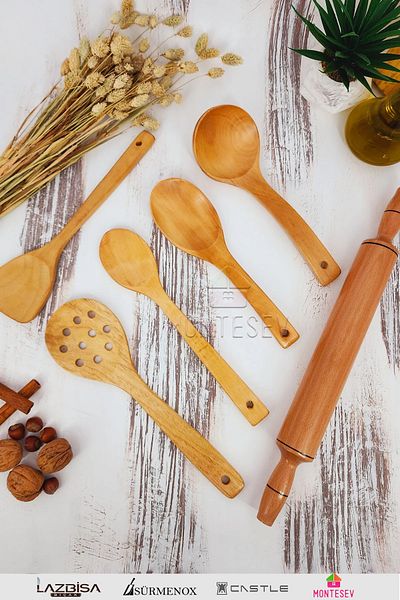 MONTESEV Wooden Wooden Kitchen Spoon Set Roller 6 Pieces Beech, Boxwood and Bamboo Wood Spoon