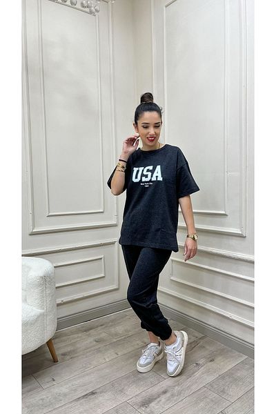 Sweetline Μπλουζάκι ΗΠΑ Φούτερ Jogger - Λευκό εμπριμέ ανθρακί αθλητική φόρμα Oversize Crew Neck