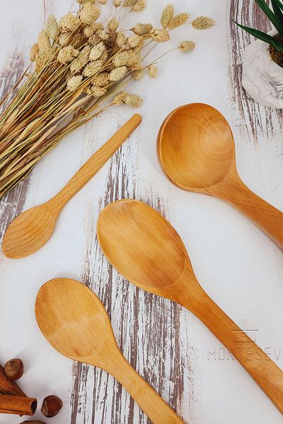 MONTESEV Wooden Wooden Kitchen Spoon Set 4 Pieces Beech, Boxwood and Bamboo Wood Spoons
