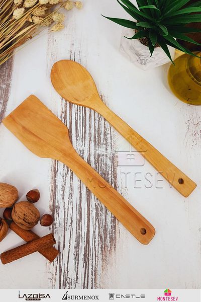 MONTESEV Wooden Wooden Kitchen Spoon Set 2 Pieces Beech, Boxwood and Bamboo Wood Spoon