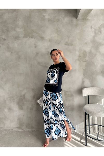 Cistern İstanbul Women's Navy Blue Ethnic Patterned Blouse Skirt Double Set