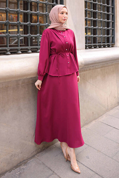 İmajButik Burgundy Waist Belted Shirt Skirt Suit