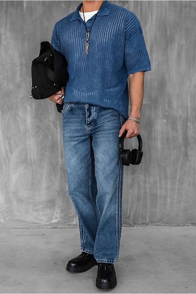 ablukaonline Ανδρικό μπλουζάκι Polo Neck Regular Fit Knitwear Σκούρο Μπλε