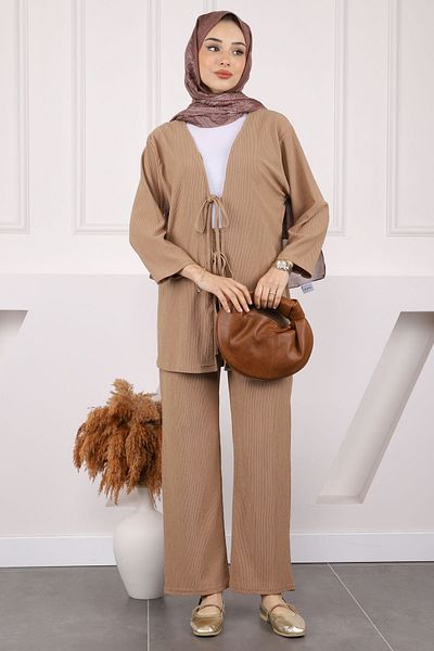 İmajButik Σετ παντελόνι κιμονό με μπροστινό δέσιμο Mink