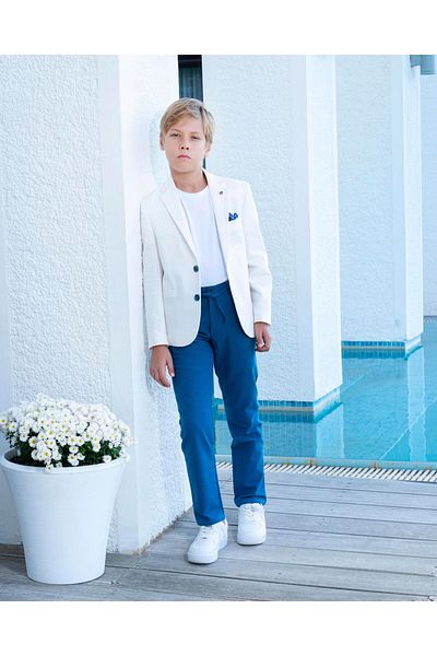BUTİKHAPPYKİDS Boy's Ecru Suit Linen Sports Suit Jacket Pants T-Shirt 3-14 Years