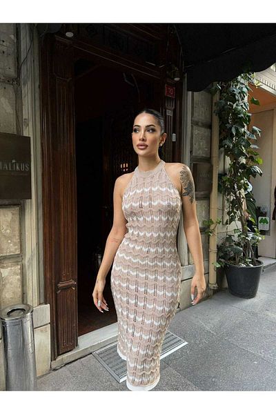Cistern İstanbul Γυναικείο Μπεζ Πλεκτό Φόρεμα με Ζιγκ-ζαγκ Πλεκτό Λεπτομέρεια