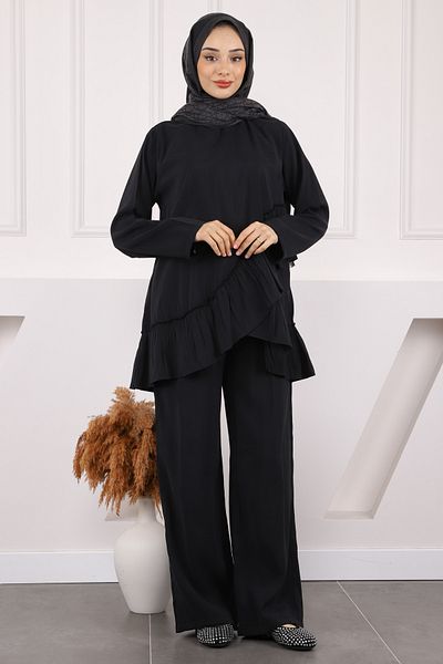 İmajButik Μαύρο βολάν Λεπτομερές κοστούμι παντελόνι τουνίκ