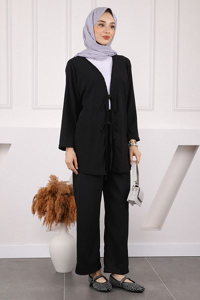 İmajButik Μαύρο μπροστινό δεμένο παντελόνι κιμονό
