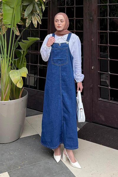 lamelif Front Pocket Detailed Denim Salopet Dress Dark Blue