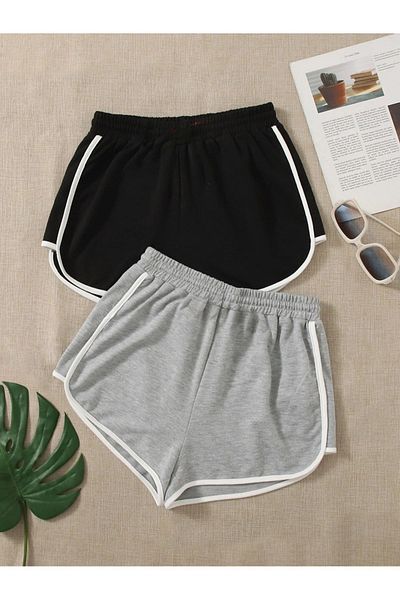 DUBU BUTİK Black Gray 2-Piece Slit Bermuda Shorts Set