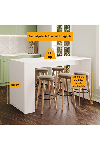 Bimossa Edgar L4830 Mutfak Adası Bar Masası 160cm Beyaz Karşılıklı Oturmalı Depolamalı Çok Amaçlı Masa