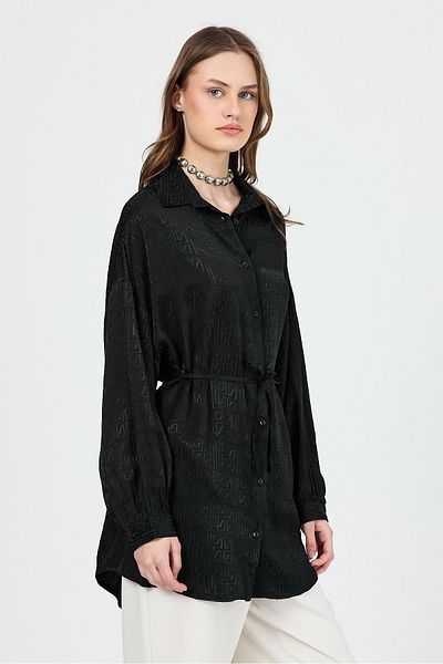 Rays Black Patterned Satin Look Rope Lacing Detailed Shirt 4293A