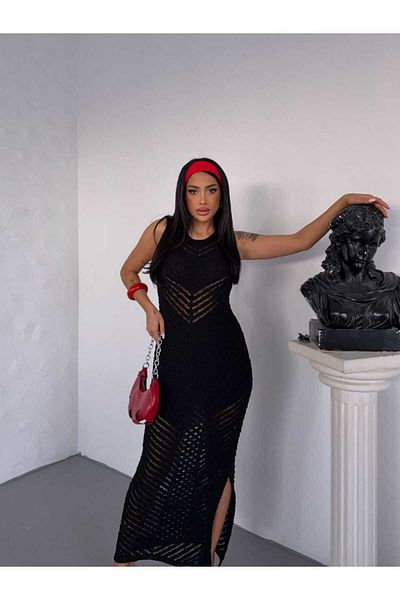 Cistern İstanbul Women's Black Knitted Detailed Slit Summer Knitwear Dress