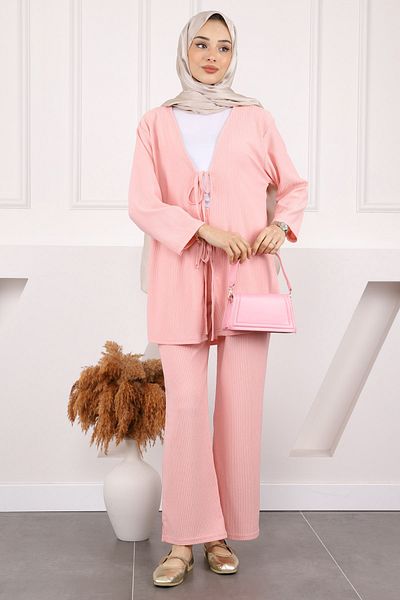 İmajButik Σετ παντελόνι κιμονό με προδεμένο κορδόνι σε σκόνη