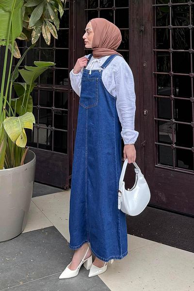 lamelif Front Pocket Detailed Denim Salopet Dress Dark Blue