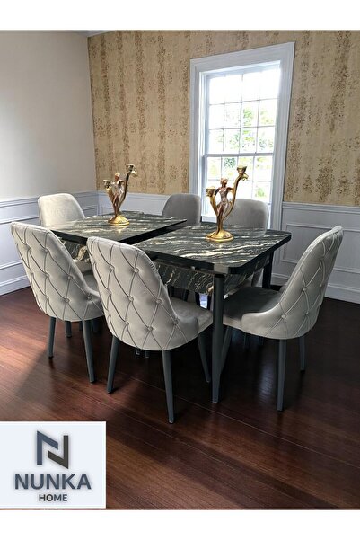 NUNKA HOME Kelebek Lunda Masa Takımı +6'lı Açık Gri Baby Face Sandalye Modern Yemek Odası Seti