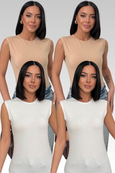 Lunamiratto Women's Cotton Sleeveless Body and Beige T-Shirt 2Cream 2White Cr...