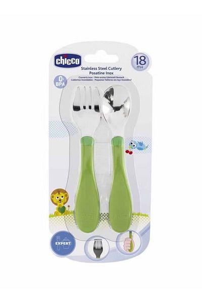 Chicco أدوات مائدة ملعقه وشوكه من شيكو اخضر وفضي 2 قطعة