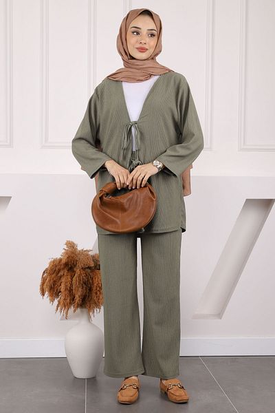 İmajButik Χακί Μπροστινό Δεμένο Παντελόνι Κιμονό