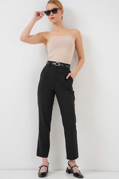 modaserdem Pleated Belted Fabric Trousers 6725 - Black