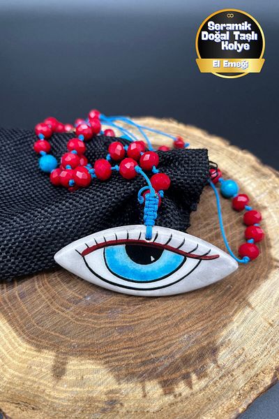 Balzamin Design Ceramic Evil Eye Necklace Adjustable Necklace with Turquoise Natural Stone, Coral Detail, Crystal Beads