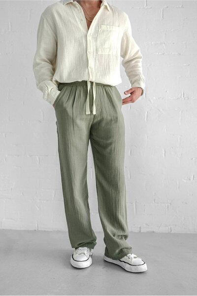 ablukaonline Erkek Rahat Kesim Baggy Fit Müslin Pantolon Açık Yeşil