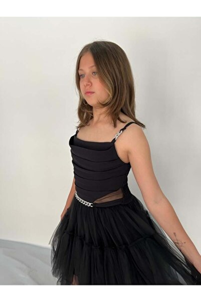 BUTİKHAPPYKİDS Kız Askılı Siyah Zincir Detaylı Kat Etekli Kuyruklu Abiye 10-15 Yaş