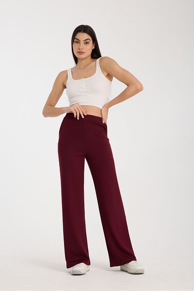 MRS.MODA Pantaloni de sport de damă din bumbac de culoare burgundă, cu buzunare, cu picioare largi