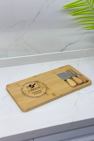 Albergio Bamboo Cheese Presentation Board - Stand and 3 Piece Knife Set 36X18 cm