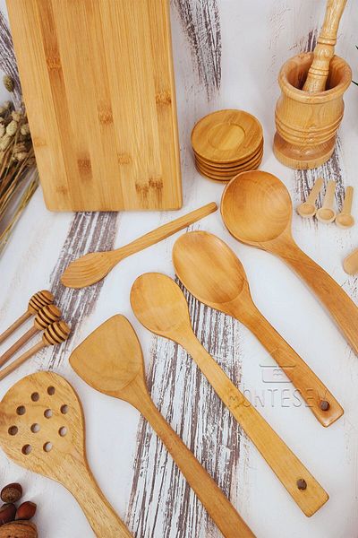 MONTESEV Wooden Wood Kitchen Spoon Set Roller 24 Pieces Beech, Boxwood and Bamboo Wood Spoon