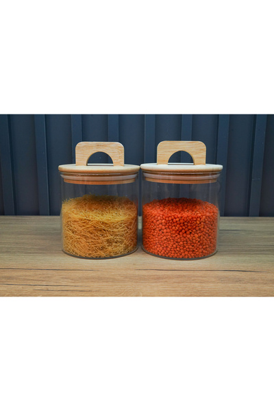 Kuka Round Glass Storage Container with Bamboo Handle 2 Pieces 500+500 ml Small Size