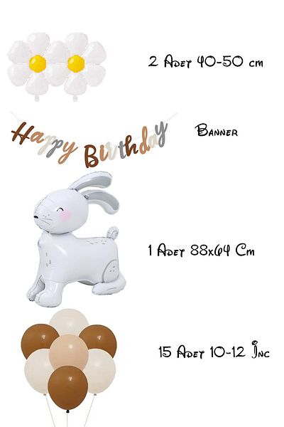 Patladı Gitti Daisy and Oversized 3D Gray Rabbit Design Retro Birthday Set